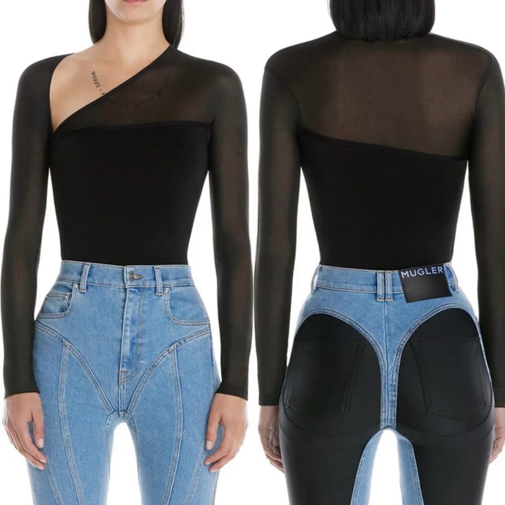 Mugler Black Asymmetrical Mesh Top